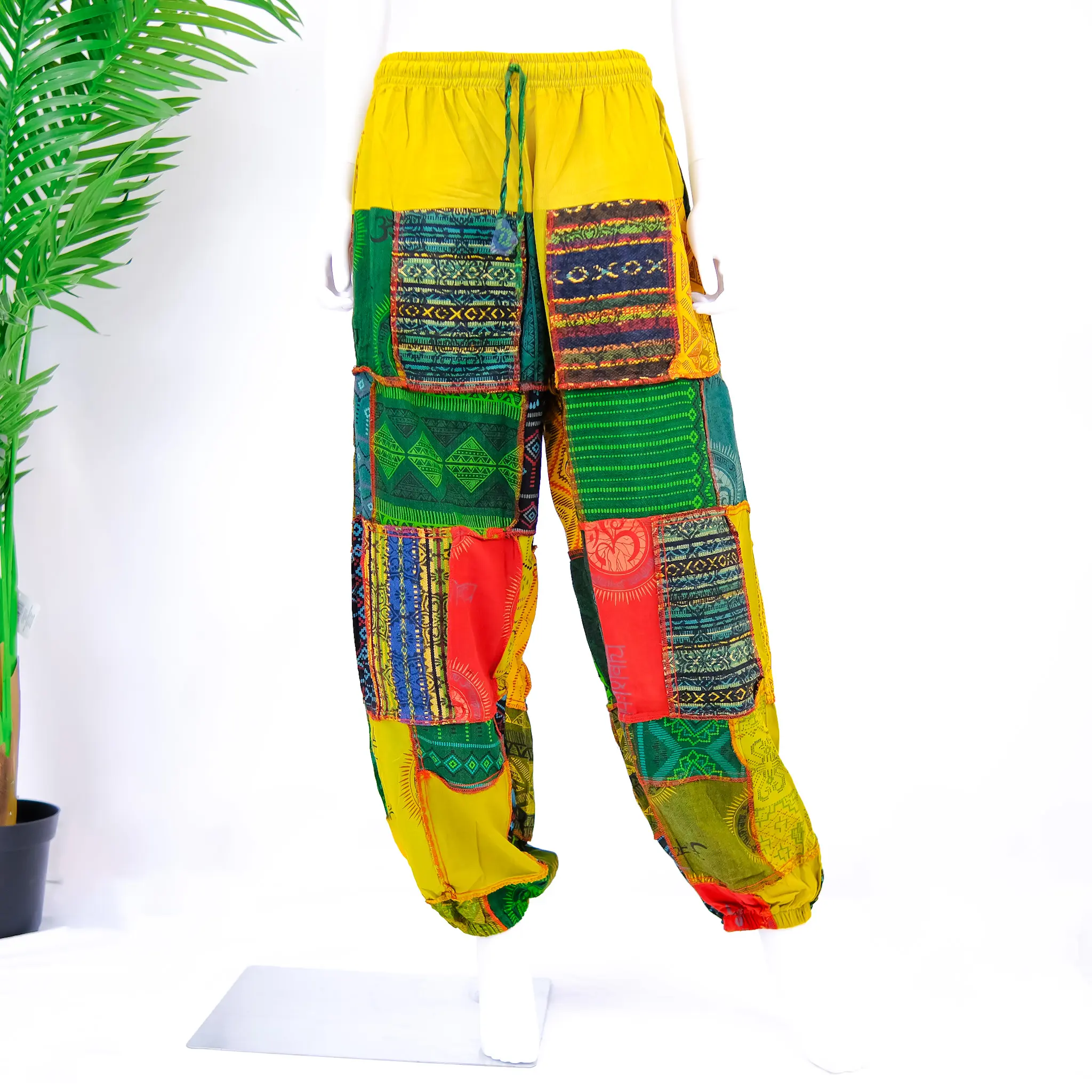 Handwoven Patch Tapered Unisex Cotton Pants, Boho Hippie Style Harem Trousers, Patchwork Casual Men/Women Yoga Pants