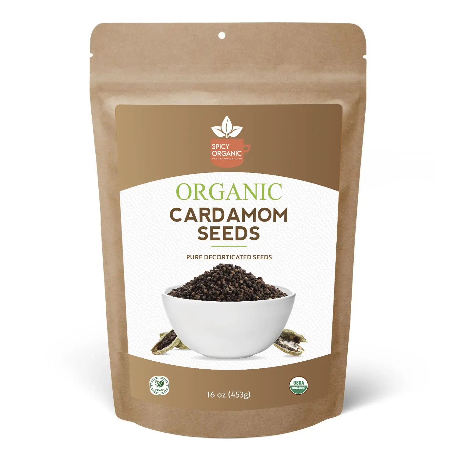 SPICY ORGANIC Decorticated Cardamom Seeds - (16 oz Pack) Flavorful Spice for Culinary Delights, Aromatic Beverages, and Baked Goods Natural