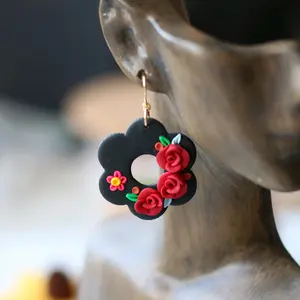 Mexican Flower Earrings - Red Roses, Elegant Design, Stainless Steel Hooks