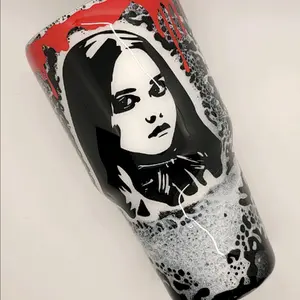 30oz megan tumbler, m3gan cup, blood drip tumbler, horror cup, halloween tumbler, ai megan cup, Custom power wash tumbler, black and white speckled cup, spooky season drink ware,  scary theme tumbler, movie buff cup, megan blood drip tumbler