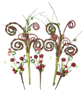 Twisted Twirl and Pom Pom Berry Red and Green Glitter Picks Wreath Attachments Vase Decorations, Set of 5