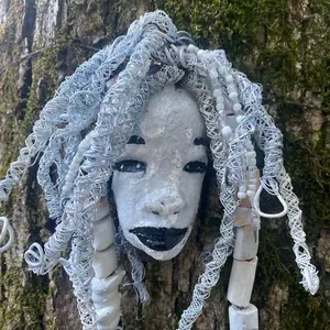 Raku Fired Ceramic Mask Handmade Mixed Media  with  Hand Twisted Wire and Handmade beads.