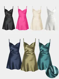 [7 colors, Size 0-26] Satin Cowl Neck Cami Mini Dress