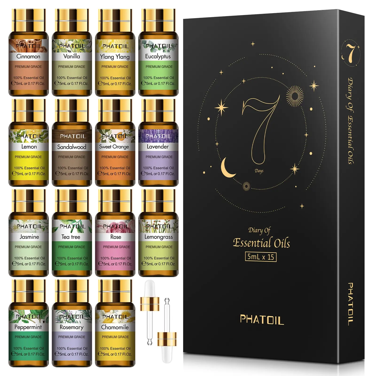 Phatoil Essential Oils 15pcs Set - Plant Based Natural Fragrance for Aromatherapy, Humidifier, Spa, Air Purifier - Lavender, Eucalyptus, Jasmine, Orange, Sandalwood and More Therapeutic