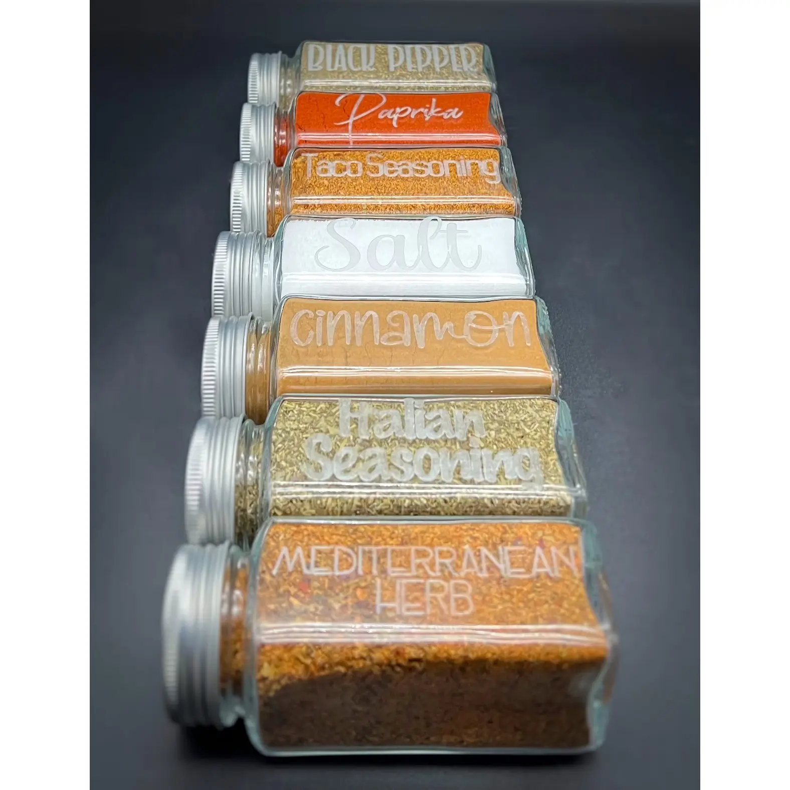 Personalized Glass Spice Jars · Custom Laser Engraved Kitchen Storage · Housewarming Gift