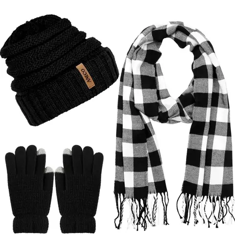 Unisex Acrylic Winter Warm Knit Beanie-Scarf-1 Pair of Touch Screen Gloves Set, Female All-Match Soft Stretch Stain-Resistant Dark Tone Premium Accessory, Great for Party & Outdoor Activities, Thoughtful Gift