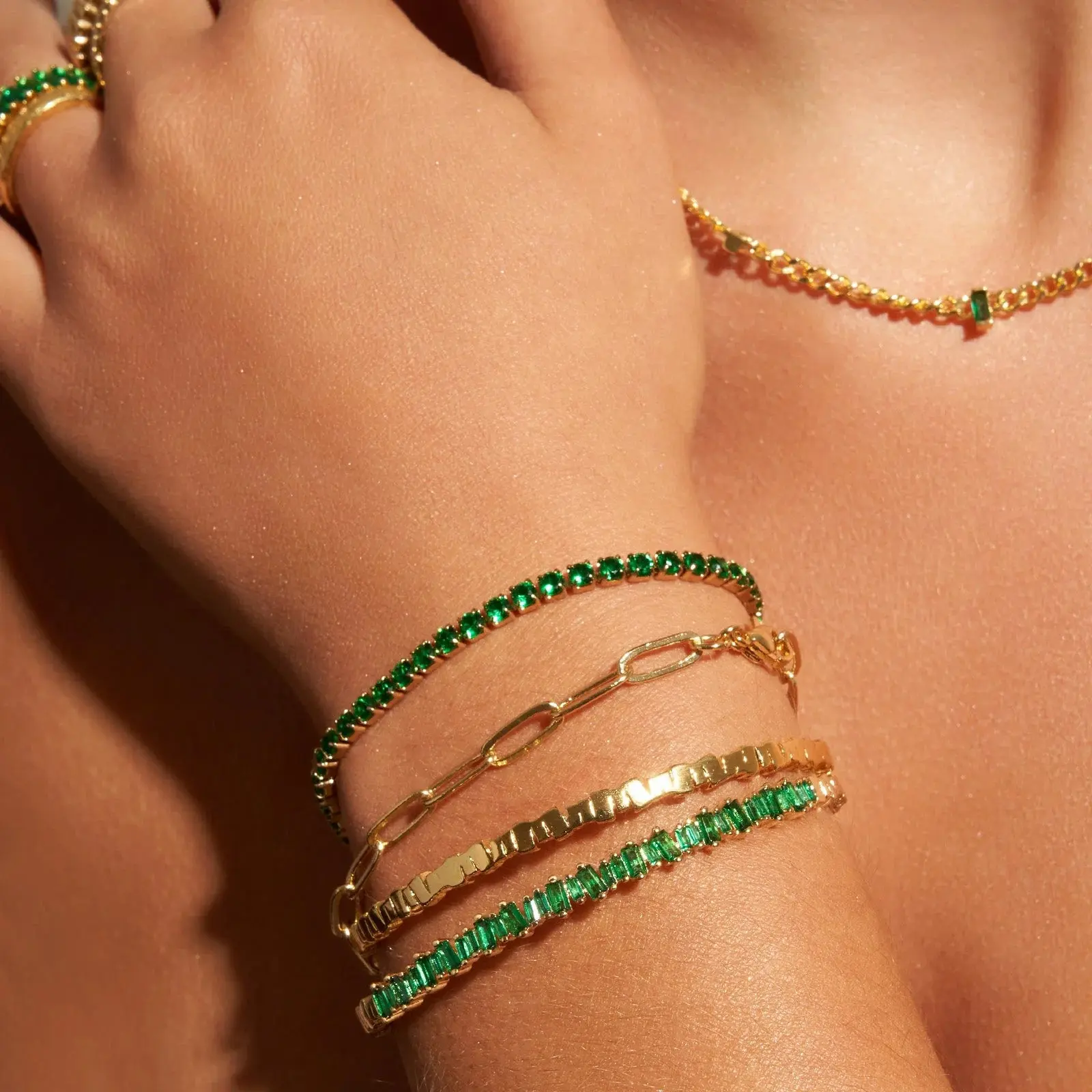 Green Emerald Tennis Bracelet with Cubic Zirconia Stones, 18k Gold Plated and Stainless Steel, Nickel-Free, 7.08in Length