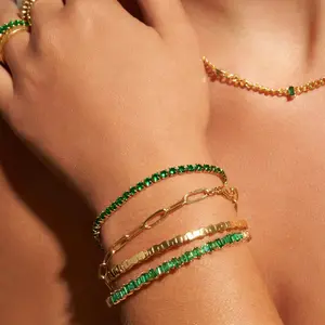 Green Emerald Tennis Bracelet with Cubic Zirconia Stones, 18k Gold Plated and Stainless Steel, Nickel-Free, 7.08in Length