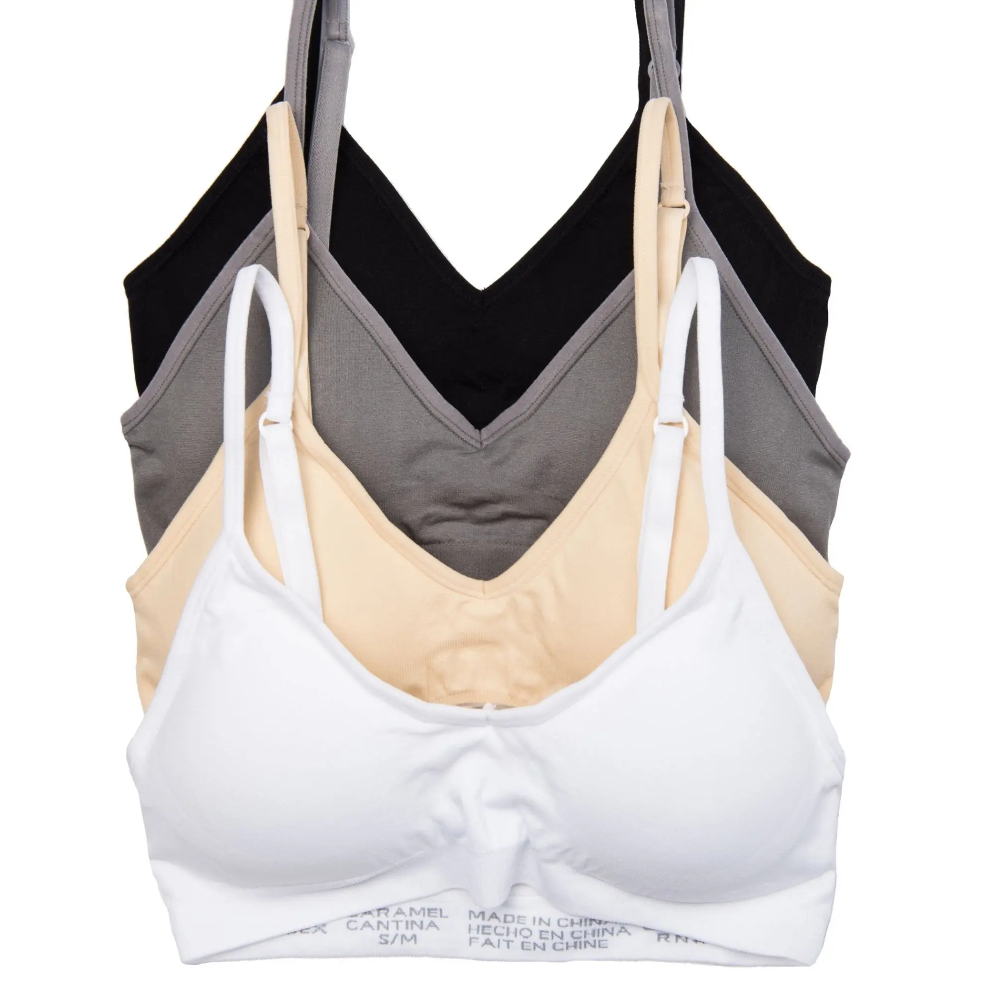 Caramel Cantina Bralette 4 Pack for Women, Seamless V-Neck Nylon Spandex, Padded Wireless Basic Everyday Comfort with Adjustable Straps, Fabric, Yarn