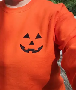 Embroidered Jack-O-Lantern Face Sweatshirt, Fall Crewneck, Halloween Pumpkin Shirt, Customized Colors Halloween Embroidery Menswear Handmade