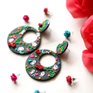 Mexican Dia De Los Muertos Earrings - Stylish Earrings with Metallic Backs for Women, Featuring Floral and Skull Design Elements