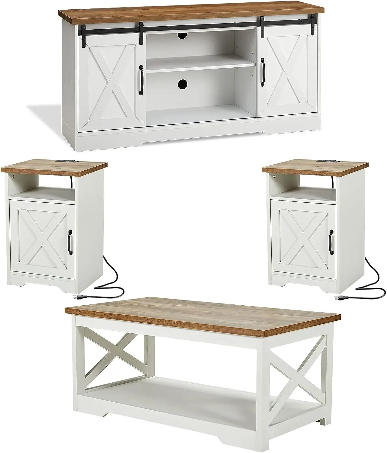 VanAcc 4-Piece Farmhouse Table Set Includes Sliding Barn Door TV Stand, Coffee Table& Two End Tables, Side Table with Charging Station and USB Ports