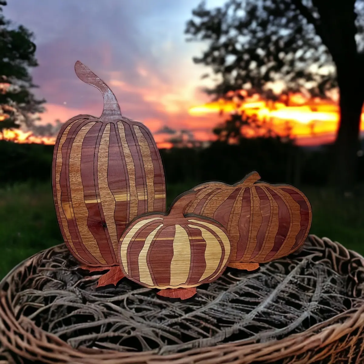 Fall pumpkins! Three handmaade wood inlaid, multi size pumpkins! Handmade Handmade