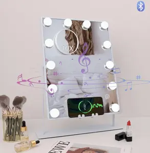Bluetooth Hollywood Vanity Makeup Mirror with Lights Wireless Charging Tabletop White