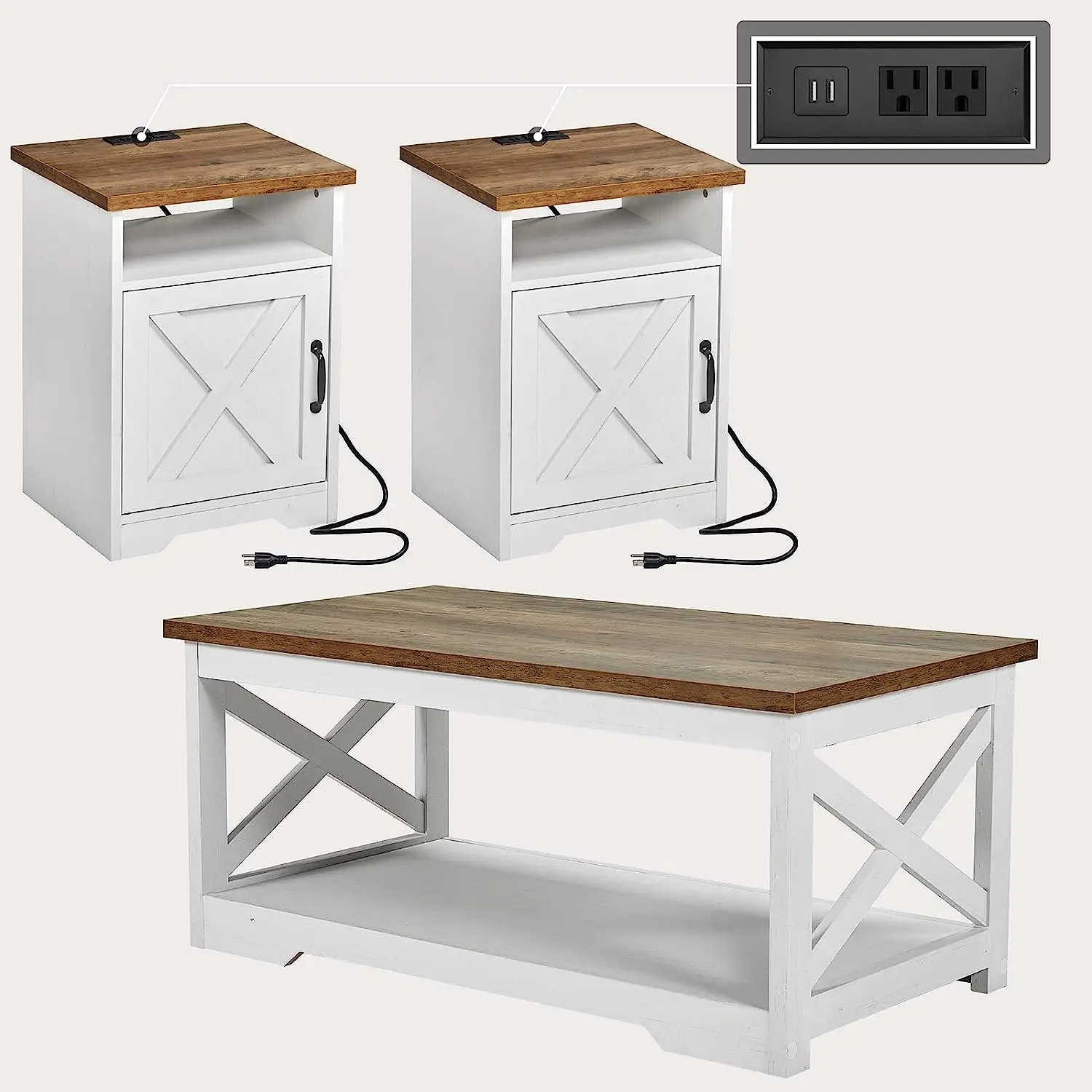 AMERLIFE 3-Piece Farmhouse Table Set Includes Coffee & Two End, Side Table with Charging Station and USB Ports,Best Gift Ideas/Christmas Gifts