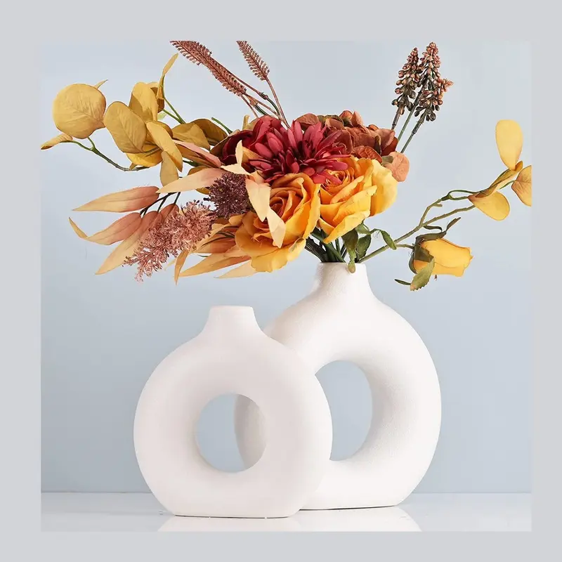 Ceramic round vase set of 2 (large+Medium)Ceramic Round Modern Flower Glaze White Decor Decorative Minimalist Traditional Ornaments Floral