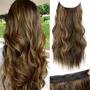 Balayage Chocolate Brown to Caramel Blonde 20 Inch Long Wavy Highlight Hairpiece: Invisible Wire Hair Extensions with Transparent Adjustable Headband and 4 Secure Clips for Women