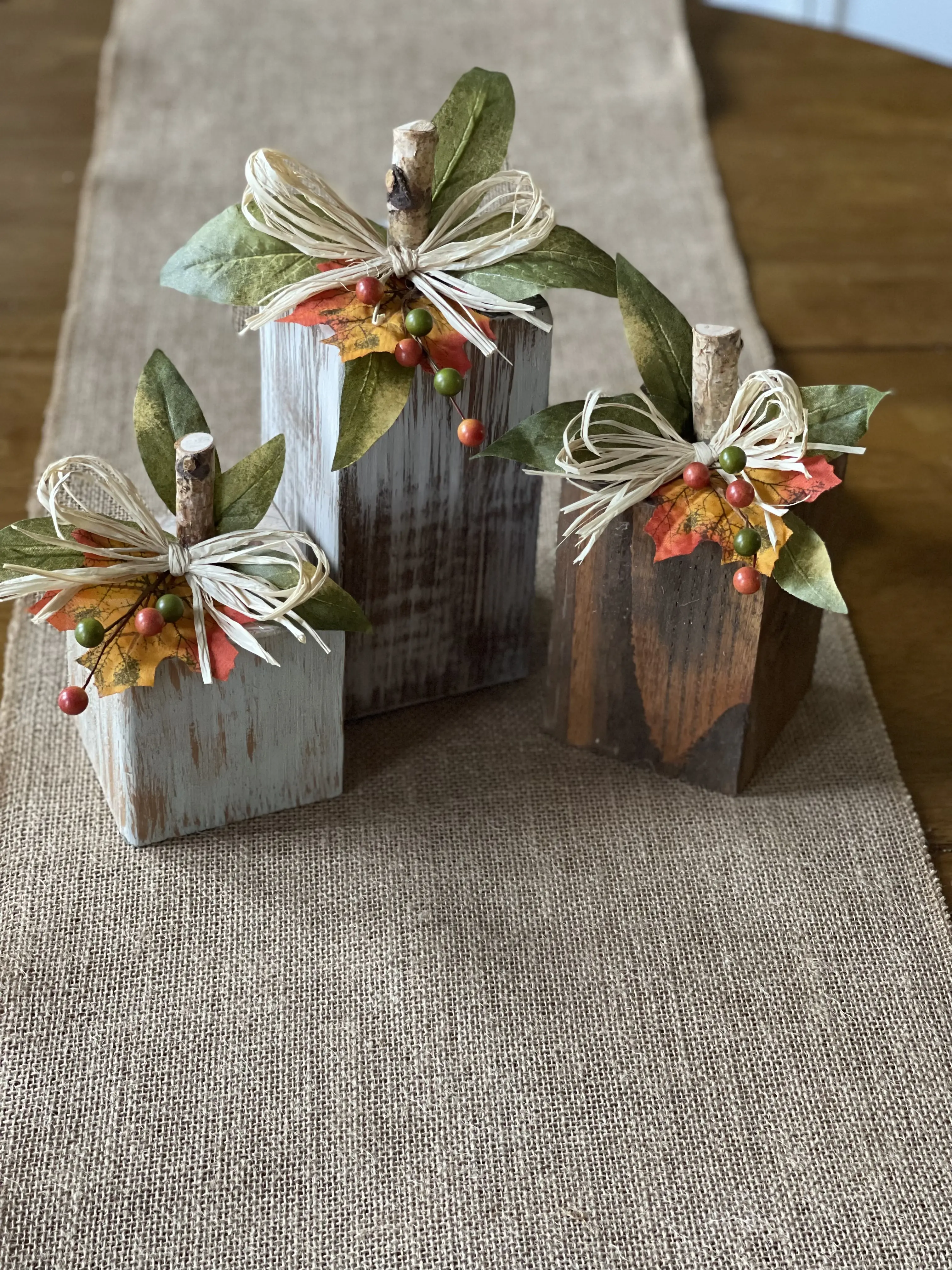 Handmade Farmhouse Fall Decor - Three Piece Pumpkin Set of Wood Rustic Fall pumpkins.