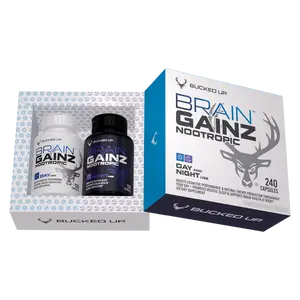 Bucked Up Brain Gainz Day/Night [120x2 Capsules] Fitness Supplement with Taurine, Natural Caffeine, L-Tyrosine, L-Theanine, Lemon Balm, and Adaptogenic Mushrooms for Focus, Energy, and Relaxation