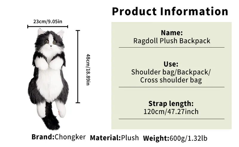 Product Introduction of 【TikTokShopBacktoSchool】Chongker Stylish Daypack Plush Cat Backpack - Realistic Stuffed Animal Fashion Accessory & Unique Gift for Cat Lovers - 1 Set Gift Wrap 0