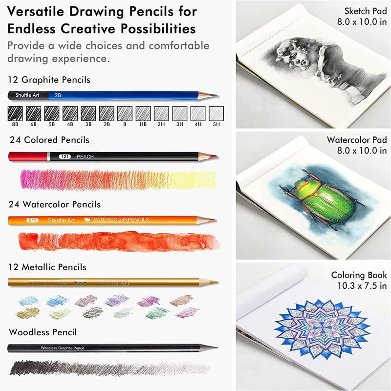 Shuttle Art 103/116/124 Pack Drawing Pencils Set, Sketching and Drawing Art Set with Colored Pencils, Sketch and Graphite Pencils in Portable Case, Drawing Supplies for educational, Adults and Artists,coloring book
