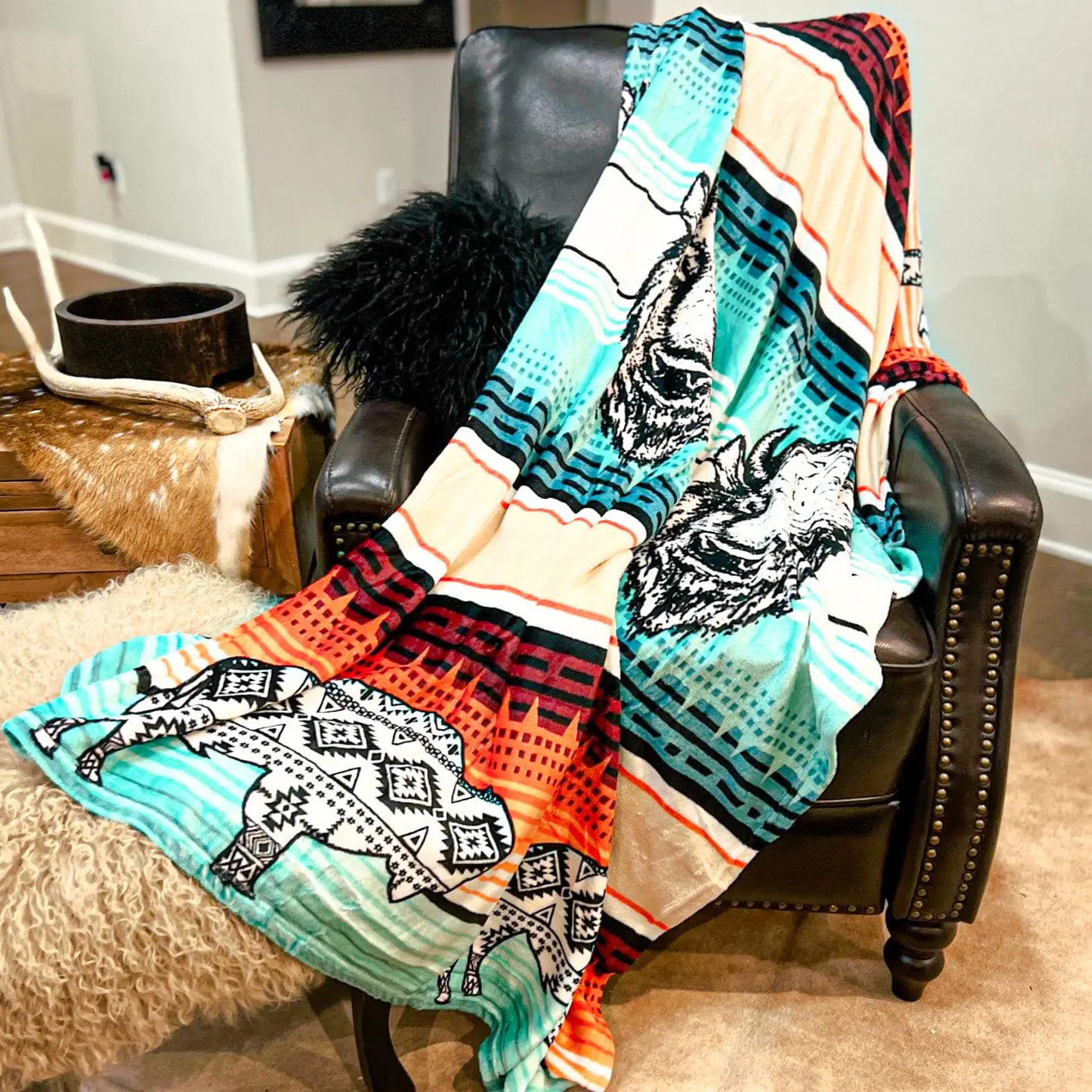 Lightweight Ruby Buffalo Serape Throw Blanket 60x80