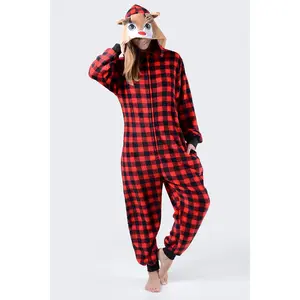 Plush Plaid Reindeer Animal Christmas Onesie Pajama Costume