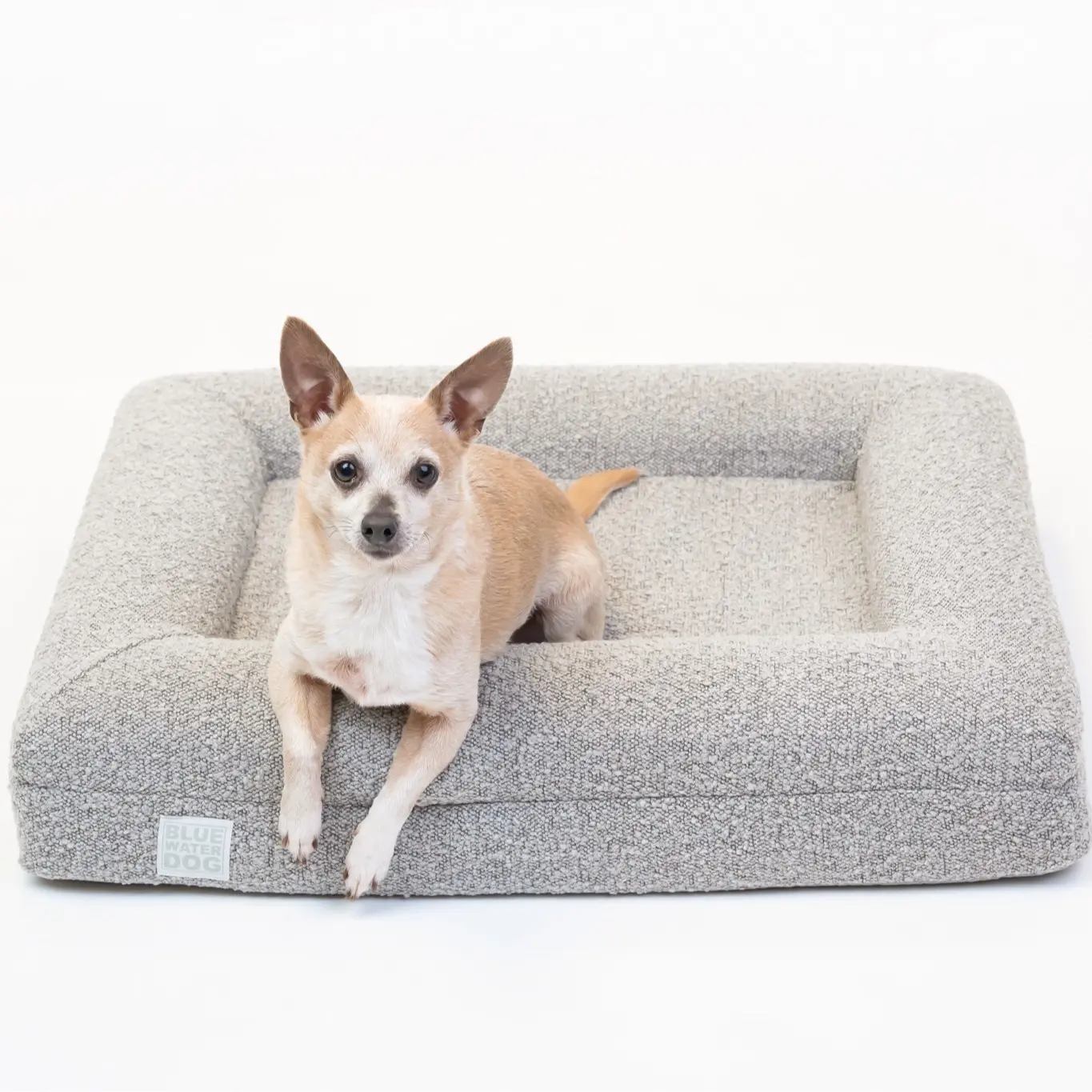 SMALL LUXURY BOUCLÉ BLUEWATER DOG BED IN SAND