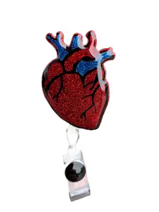 Anatomical Heart Badge Reel, 2”,Glitter, Retractable Swivel Alligator Clip, Nurse, Medical, Cardiology