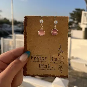 Pretty in Pink, Pink Earrings, Pink Catseye, Dangle Earrings, Wire Wrapped Earrings, Handmade Earrings, Handstamped Paper