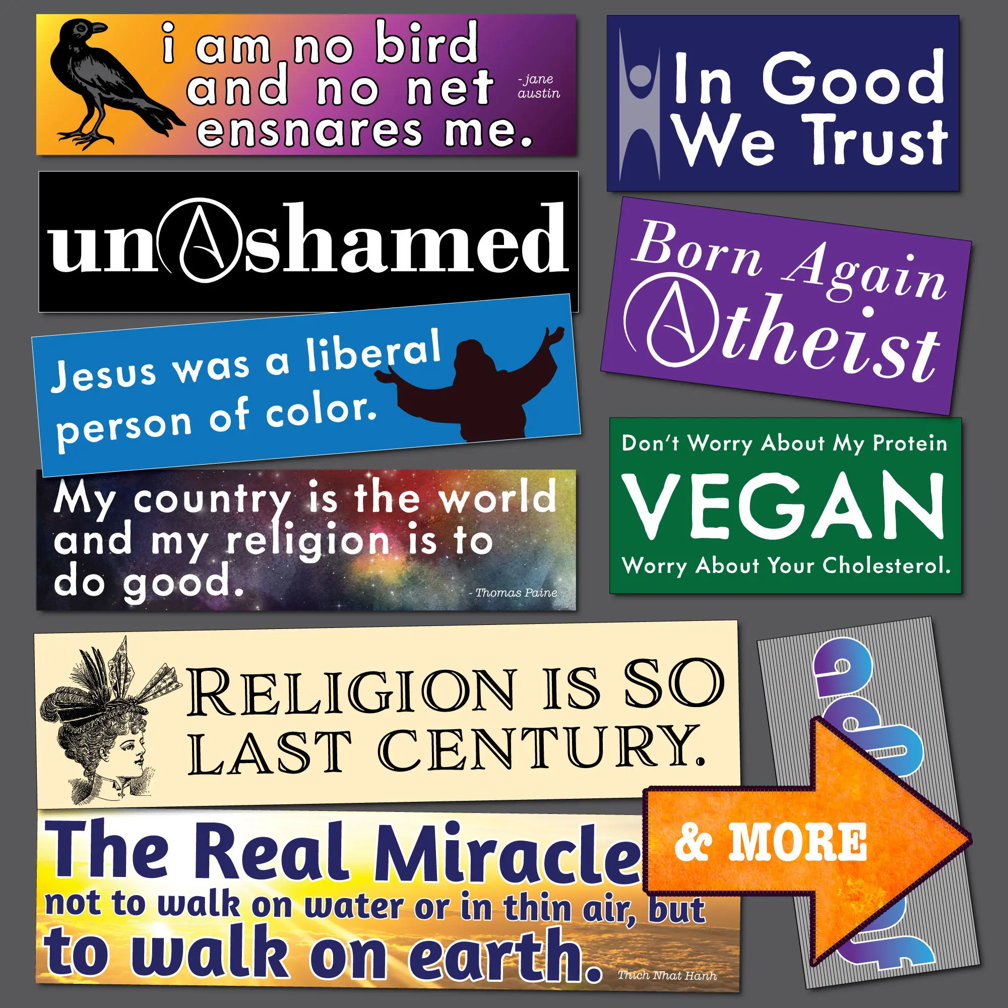 You Pick - 3 Godless Good Bumper Stickers - High Quality Indoor/Outdoor Stickers - Many Sizes & Designs - Pick Your Favorite 3 Atheist, Agnostic, Anti-theist, Humanist, UU, Secular, Nonreligious Stickers