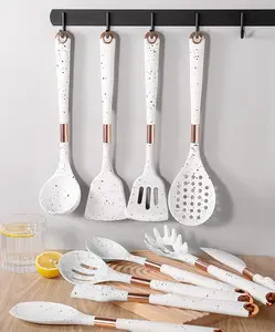 Chef Kitchen Cooking Utensils Set, Non-Stick Silicone Cooking Kitchen Utensils Spatula Set with Holder, Wooden Handle Silicone Kitchen Gadgets Utensil Set (White Marble) Lightweight Hanging