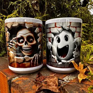 15oz ceramic mug with ghost or skeleton. Halloween