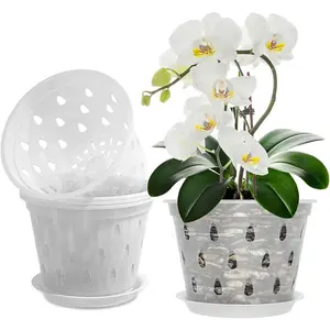 4 Pack Orchid Pots with Holes and Saucers, 7 Inch Clear Plastic Orchid Pots for Repotting, Plastic Flower Plant Pot Indoor Outdoor, Breathable Slotted Orchids Planter