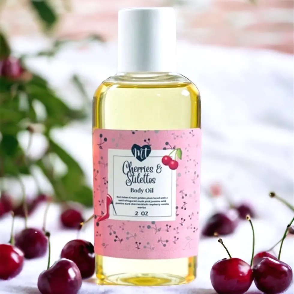 Cherries and Stilettos Body & Massage Oil for Silky Smooth Skin, Moisturizing Vegan Body Care with Coconut, Jasmine & Vanilla Fragrance, 4oz