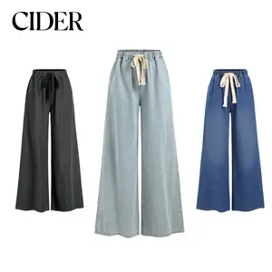 [3 colors, US size 0-10] Denim High Waist Solid Tie Front Wide Leg Trousers