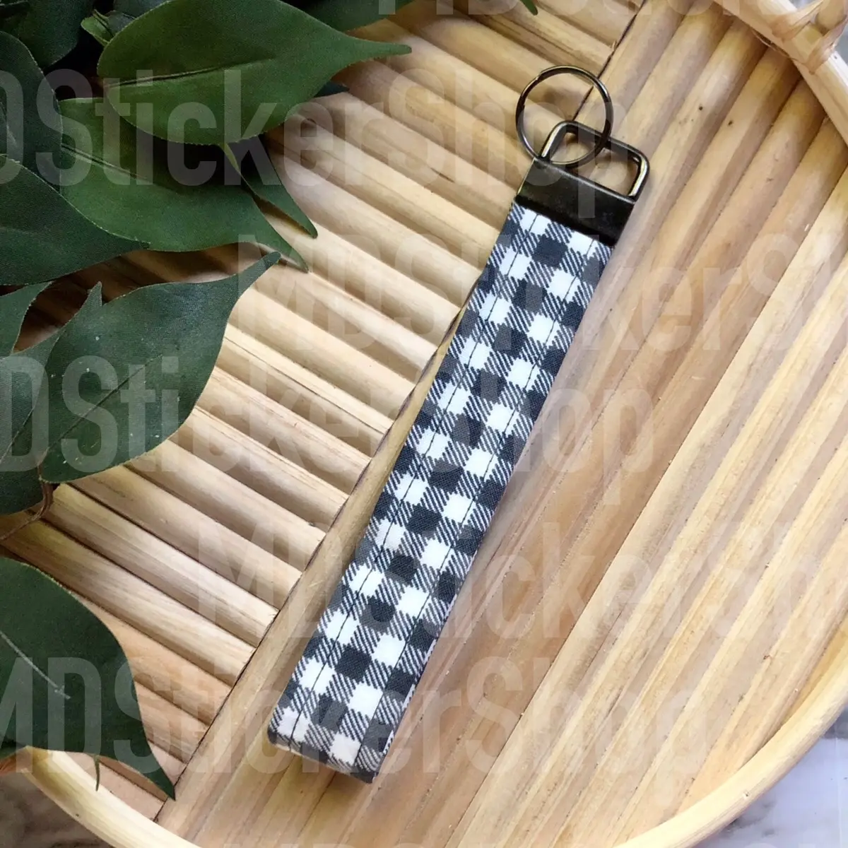 Charcoal and White Gingham Print Fabric Keychain
