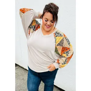 Taupe Animal Patchwork Print Dolman V Neck Top