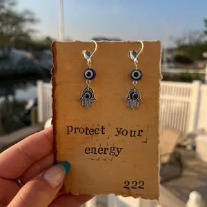 Protect Your Energy, Profect Your Peace, Evil Eye, Hamsa Hand, Evil Eye Earrings, Lever Back Earring, Handmade Earrings, Handstamped, Angel Number, Custum Angel Number