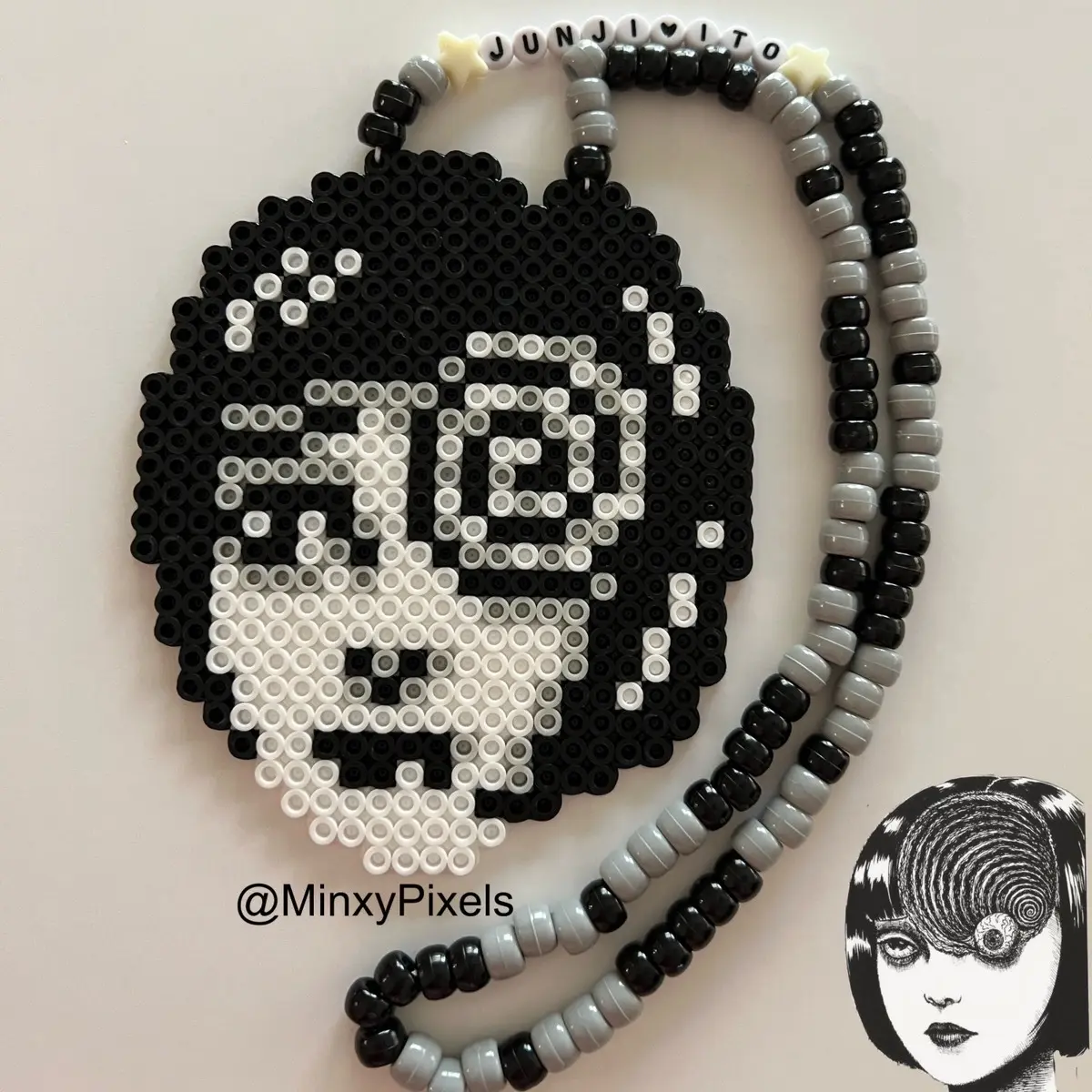 Spooky Spiral Girl Raver Kandi Perler Beaded Necklace Halloween Scary Manga Anime Pixel Jewelry EDM Music Festivals Concert Rave Accessories Perler Beads Handmade Art