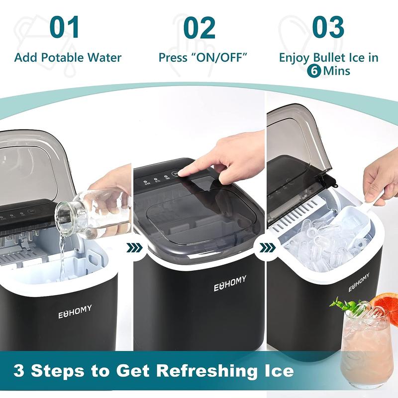 EUHOMY Ice Maker Countertop with Handle, 26lbs in 24Hrs, 9 Ice Cubes Ready in 6 Mins, Auto-Cleaning Portable Ice Maker with Basket and Scoop, for Home/Kitchen/Camping/RV. (2024 New Silver) Utensils