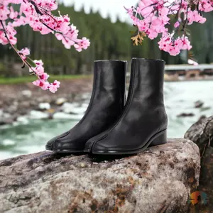 Women's leather Tabi split-toe boots zip with 3cm heel, Japanese style Platform ankle booties Gift For Her All Season Black Ankle Boots, White Ankle Boots, Leather Boots.