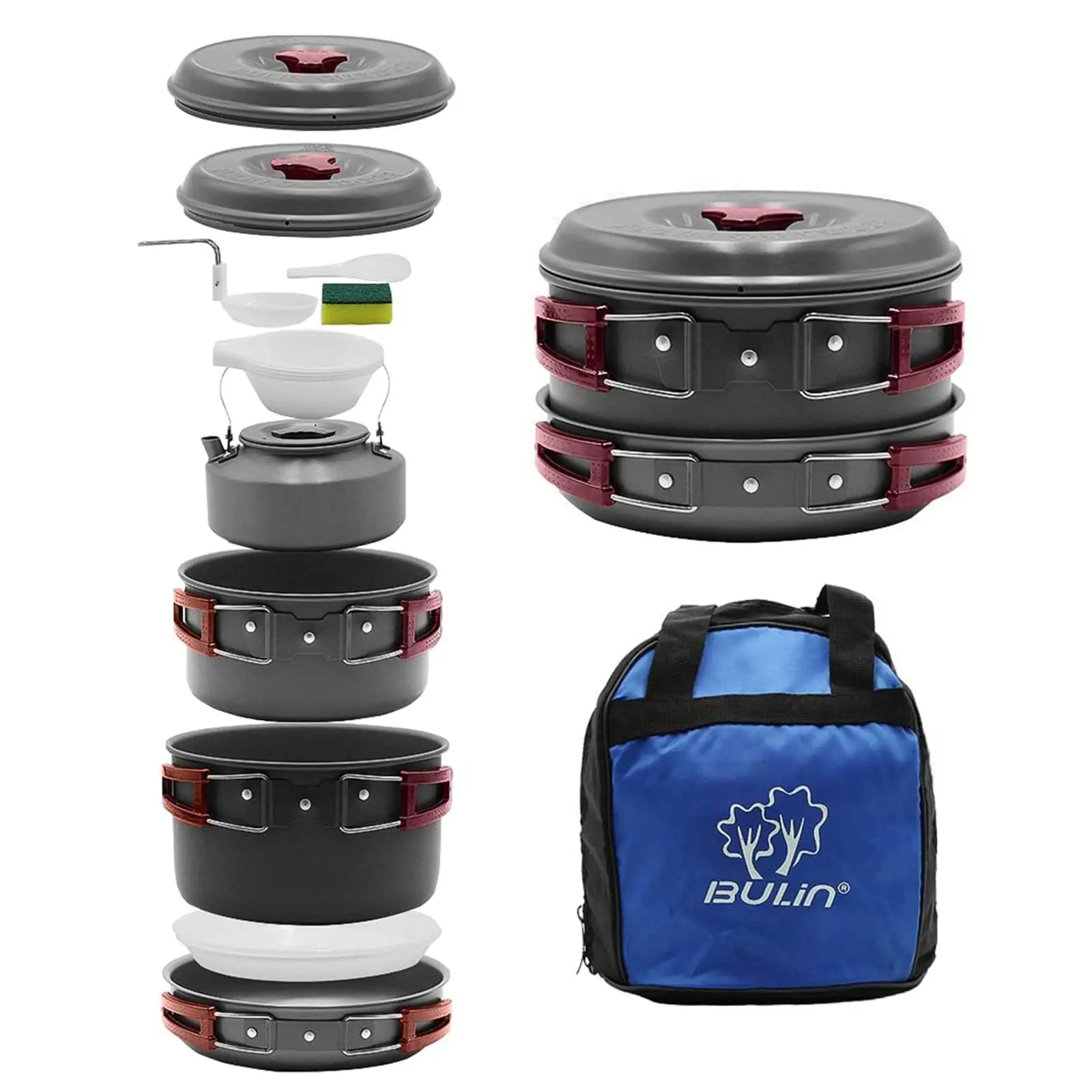 Bulin 13PCS Camping Cookware Mess Kit Lightweight Backpacking Cooking Set Outdoor Cook Gear for Family Hiking, Picnic(Kettle, Pot, Frying Pan, Bowls, Plates, Spoon)