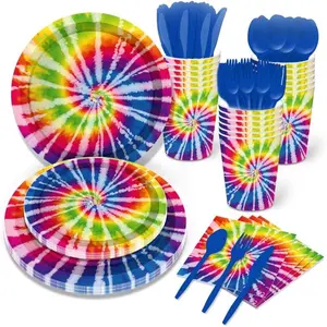 Tie Dye Party Supplies Birthday Dinnerware Paper Plates Ombre Rainbow Pastel Water Color Theme Disposable Round Hippie Dessert Plates Tableware