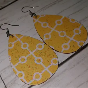 Decoupage Yellow Sparkling Wood Earrings