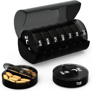 Zzteck Weekly Pill Organizer 2 Times a Day - Large Capacity –Travel Pill Box 7 Day with Airtight Lid Lock – Portable Pill Case for Purse – Ideal for Vitamins, Supplements, and Fish Oil Pills (Black)