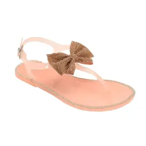 Bling Bow Jelly Sandal-Nude Flat Heel (1 cm or less) Open Toe Toe Thong Sandals