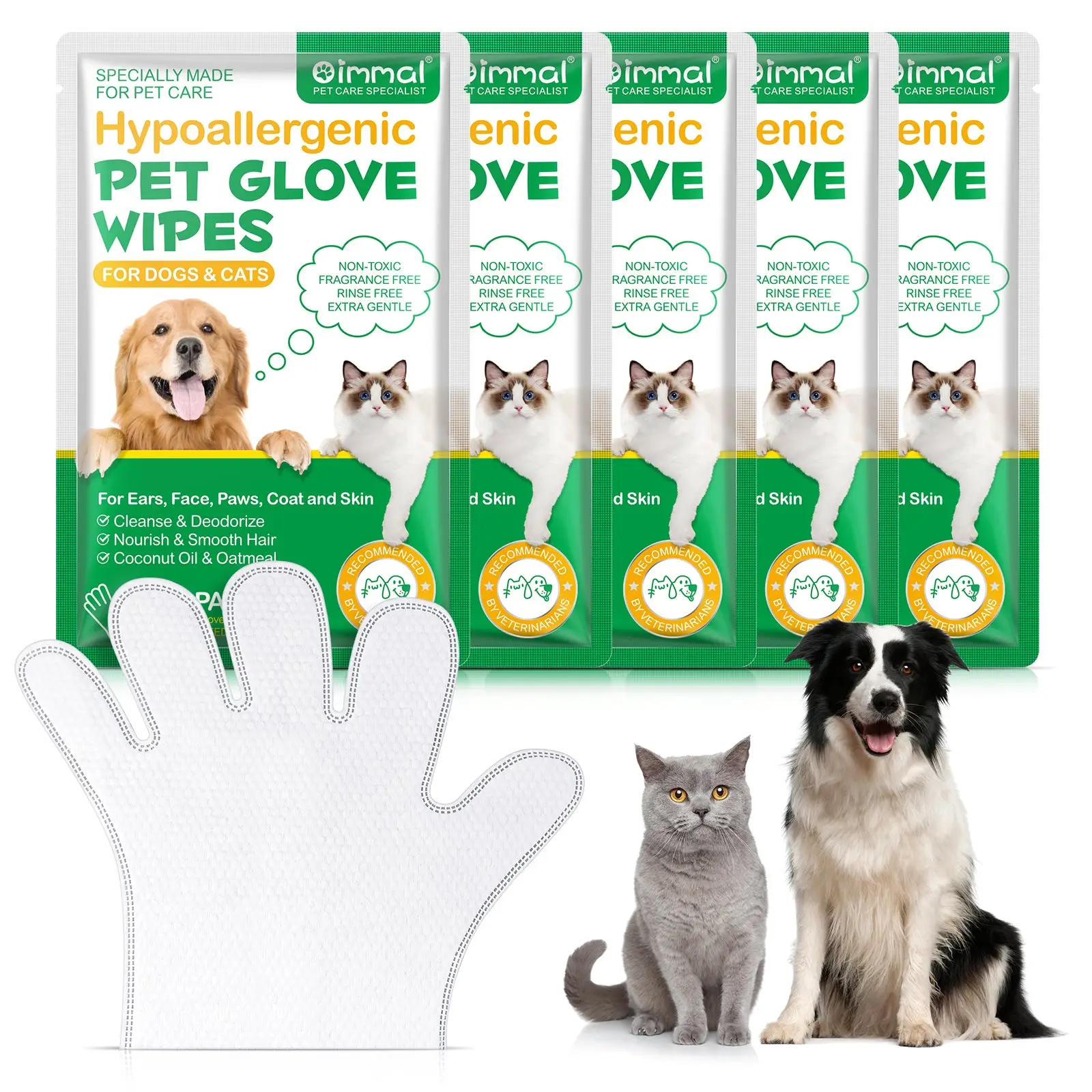 Oimmal Hypoallergenic Pet Wipes Gloves for Dogs And Cats, Grooming Wipes for Cleaning, Deodorizing, Soothing & Nourishing Pet Hair