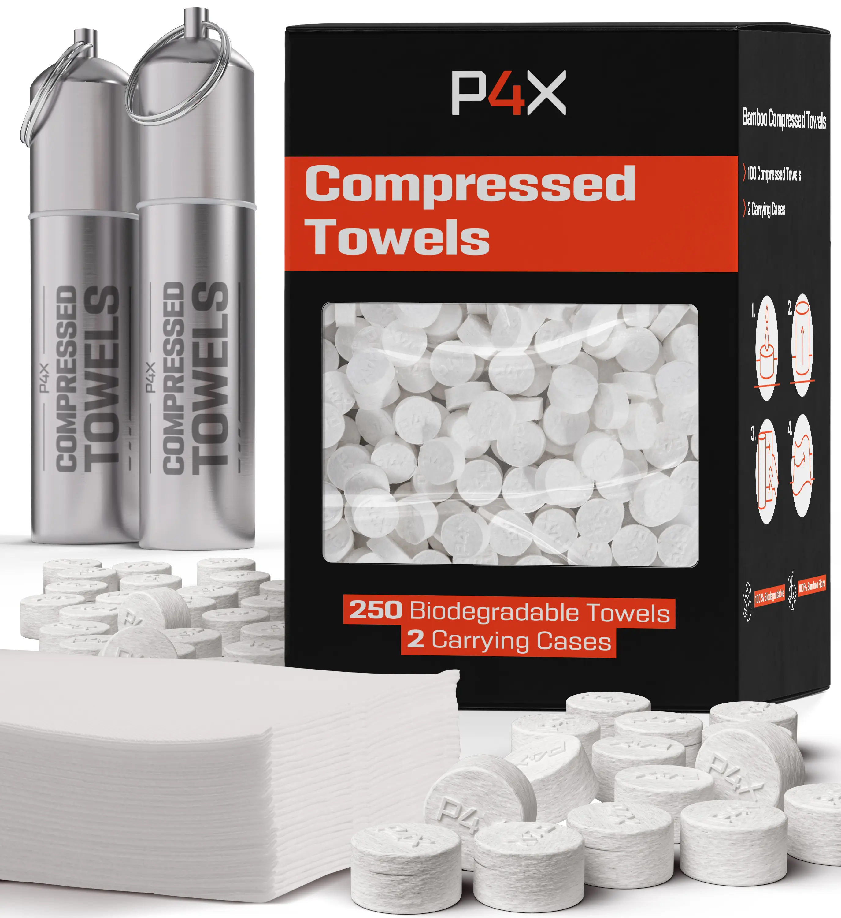P4X Compressed Towel Tablets with Metal Waterproof Case -  Bamboo Camping Toilet Paper Tablets, Disposable Washcloths, Body Wipes, Paper Towel Coin